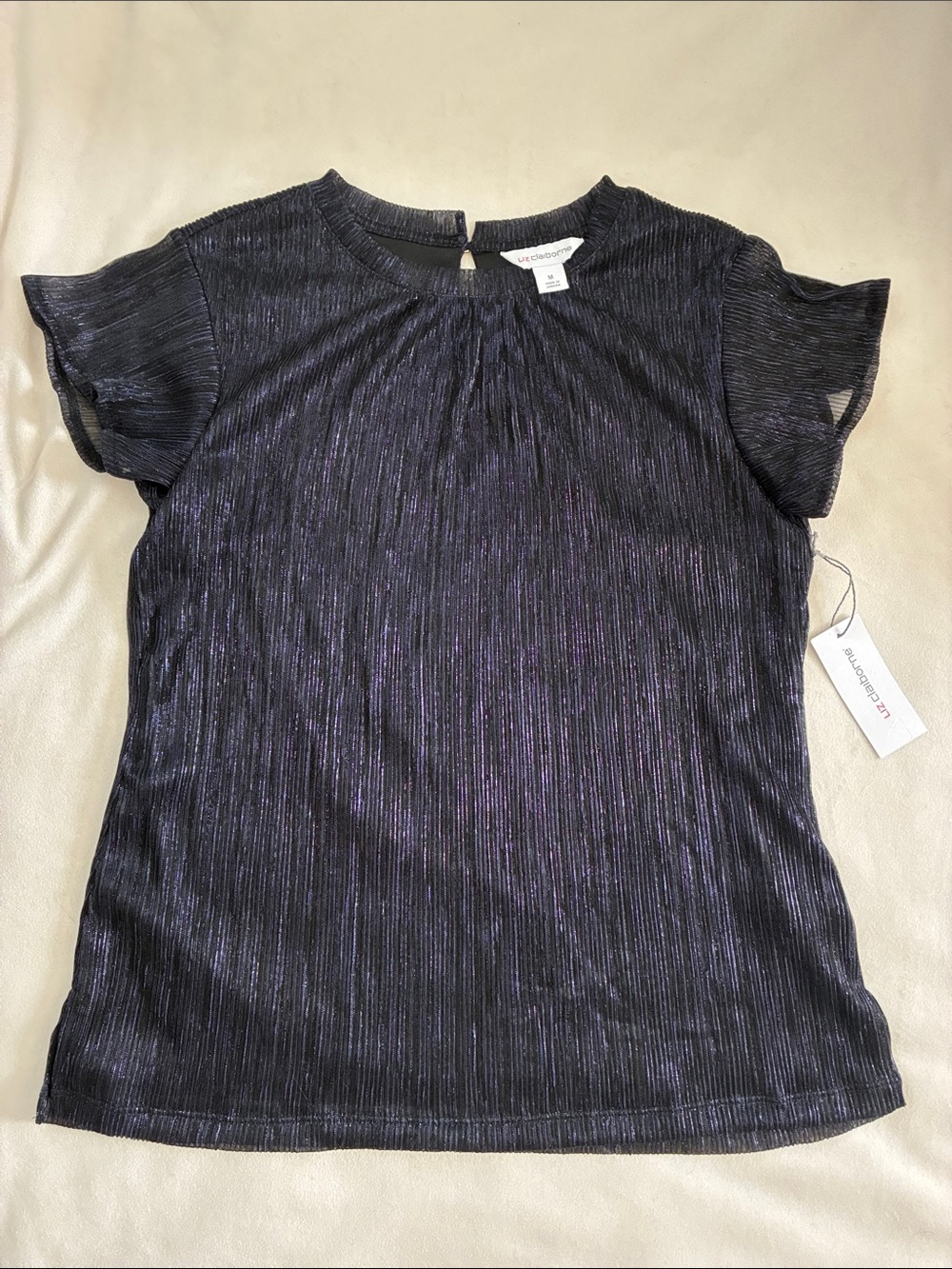 Liz Claiborne Navy Textured Short Sleeve Keyhole Top